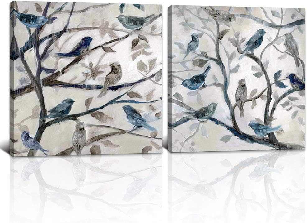 Derkymo 2 Piece Blue Birds on Tree Branch Wall Art Vintage Artwork Framed Giclee Canvas Prints Animal Wall Decor Painting for Living Room Bedroom Stretched Ready to Hang 24"x24"x2pcs