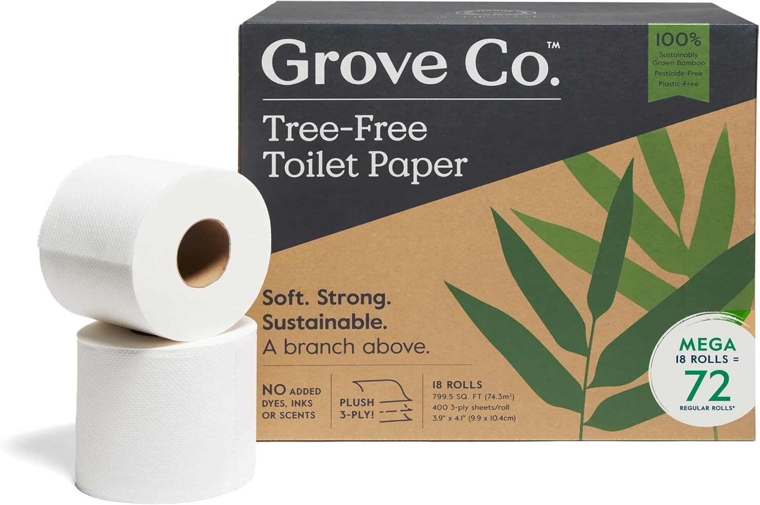 Grove Co. Papel higiénico de bambú sin árboles y seguro séptico, ultra suave, duradero y absorbente, hojas de 3 capas (1 rollo = 44.4 pies cuadrados) a granel (paquete de 18 rollos)