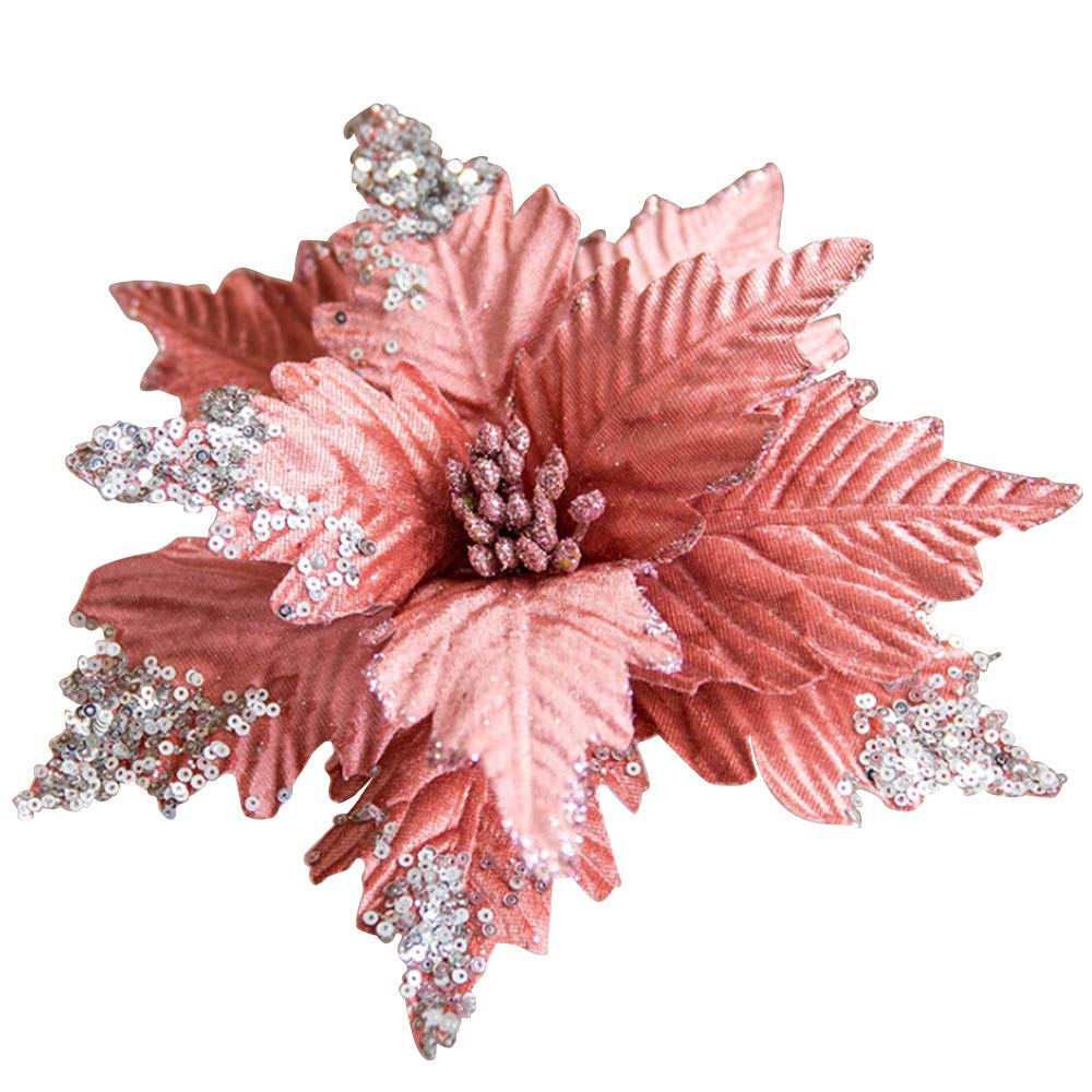 Lemcc Pink 6Pcs Christmas Poinsettia Flower Picks 9.8Inch Artificial Large Poinsettia Flower With Stems Sequined Glitter Floral Picks For Christmas Tree Decoration Wreath Garland