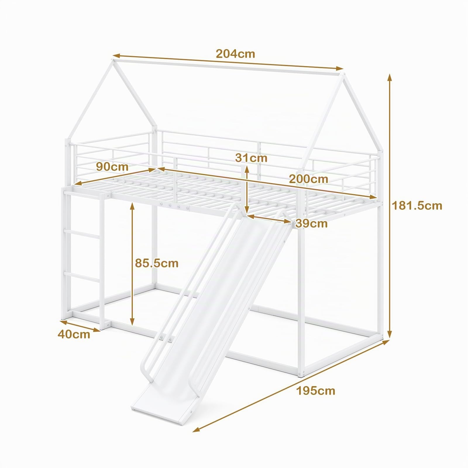 GIANTEX Lit Superposé 90 x 200 cm, Lit Mezzanine avec Toboggan et Échelle à 3 Marches, Structure en Métal avec Barrière de Sécurité et Rangement, sans Matelas (Blanc)
