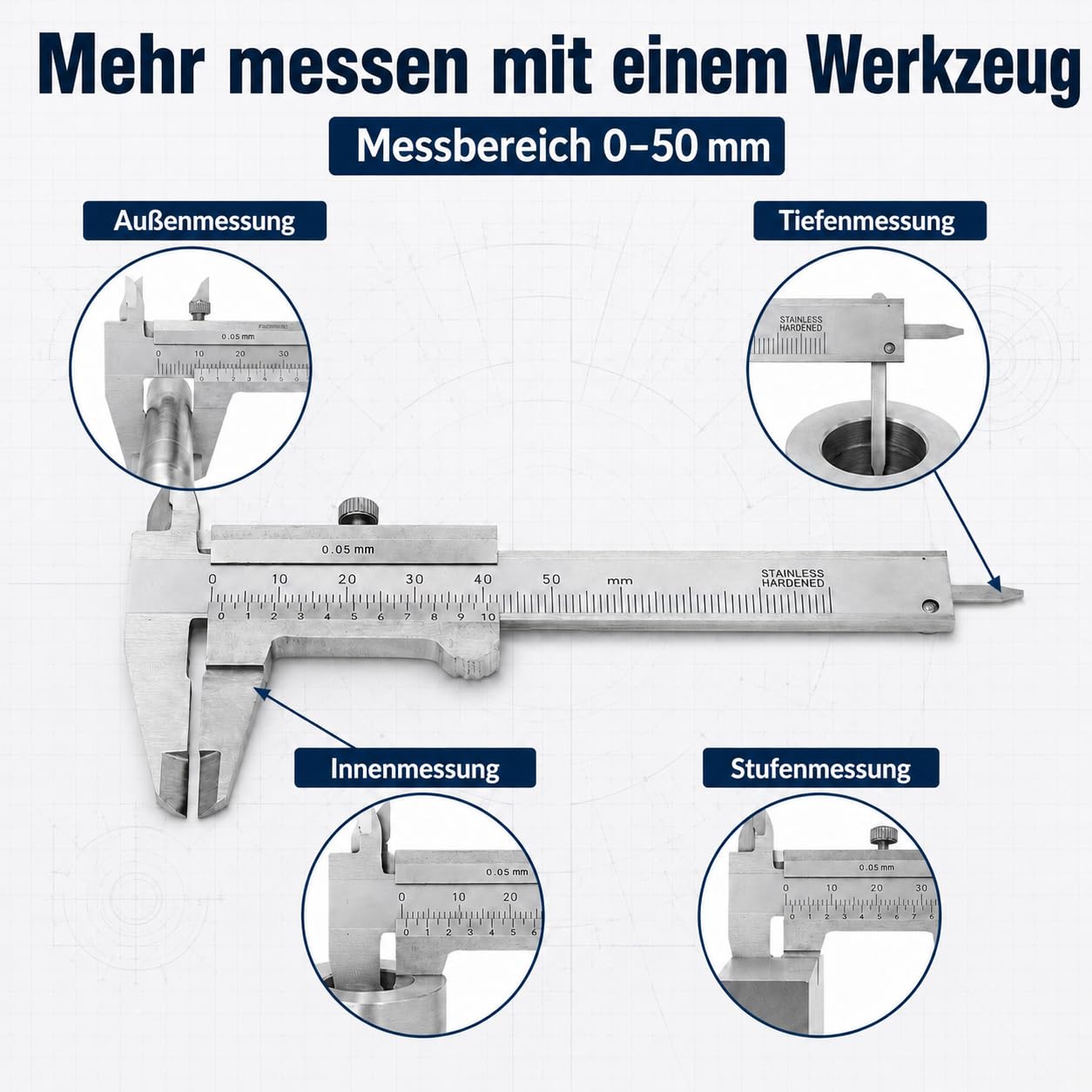 Messschieber Edelstahl Tragbar - 0-50mm Präzisions-Messwerkzeug mit 4 Messmodi, Doppelskala (mm/Zoll), Für Schmuck, Münzen, Antiquitäten, Studenten
