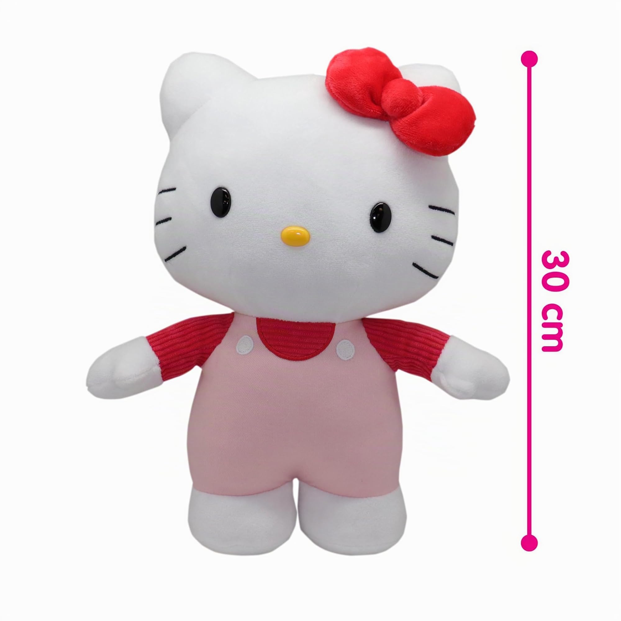 Hello Kitty Peluche de 30 cm – con Camiseta de Pana Rosa y Peto Rosa, Suave y Acogedor, Grupos de Edad – Incluye Caja de Regalo, Adorable Coleccionable