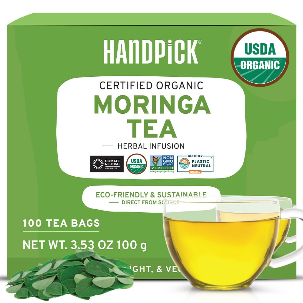 HANDPICK, Organic Moringa Tea Bags (100 Count) Non-GMO, Caffeine Free, USDA Organic Ingredients- Pure Moringa Leaves | Sweet and Light Herbal Tea Bags, Round Eco-conscious Tea Bags