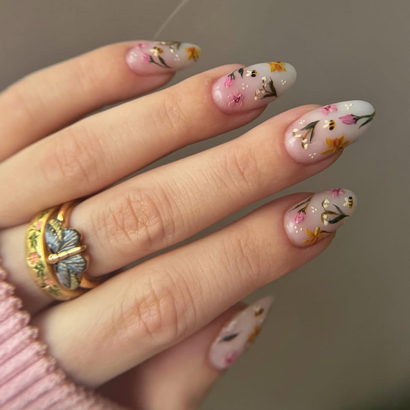 IMRAIN Spring Press on Nails Almond Medium Fake Nails with Cute Flower Designs Floral Artificial Nail Supplies Summer Glossy Glue on Nails Full Cover