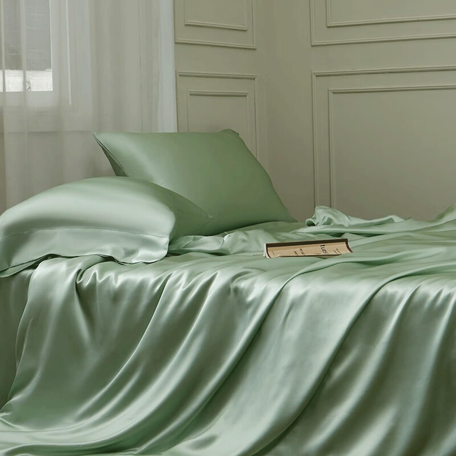 Lenzuolo Sopra Piano in Raso Singolo Matrimoniale 170x230cm 230x250cm 250x250cm in Seta Lavata Delicato Sulla Pelle Liscio Come la Seta(Fruit Green,230x250cm)
