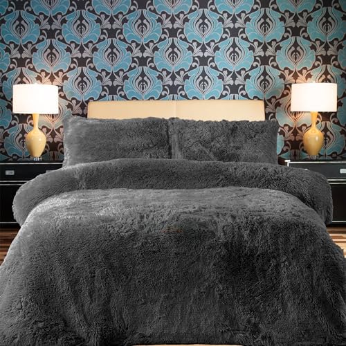 PARADISE STAR Teddy Fleece Duvet Quilt Cover Bedding Set including Matching Pillowcase Fluffy Thermal Warm and Cosy Charcoal Single 135cm x 200cm Approximate
