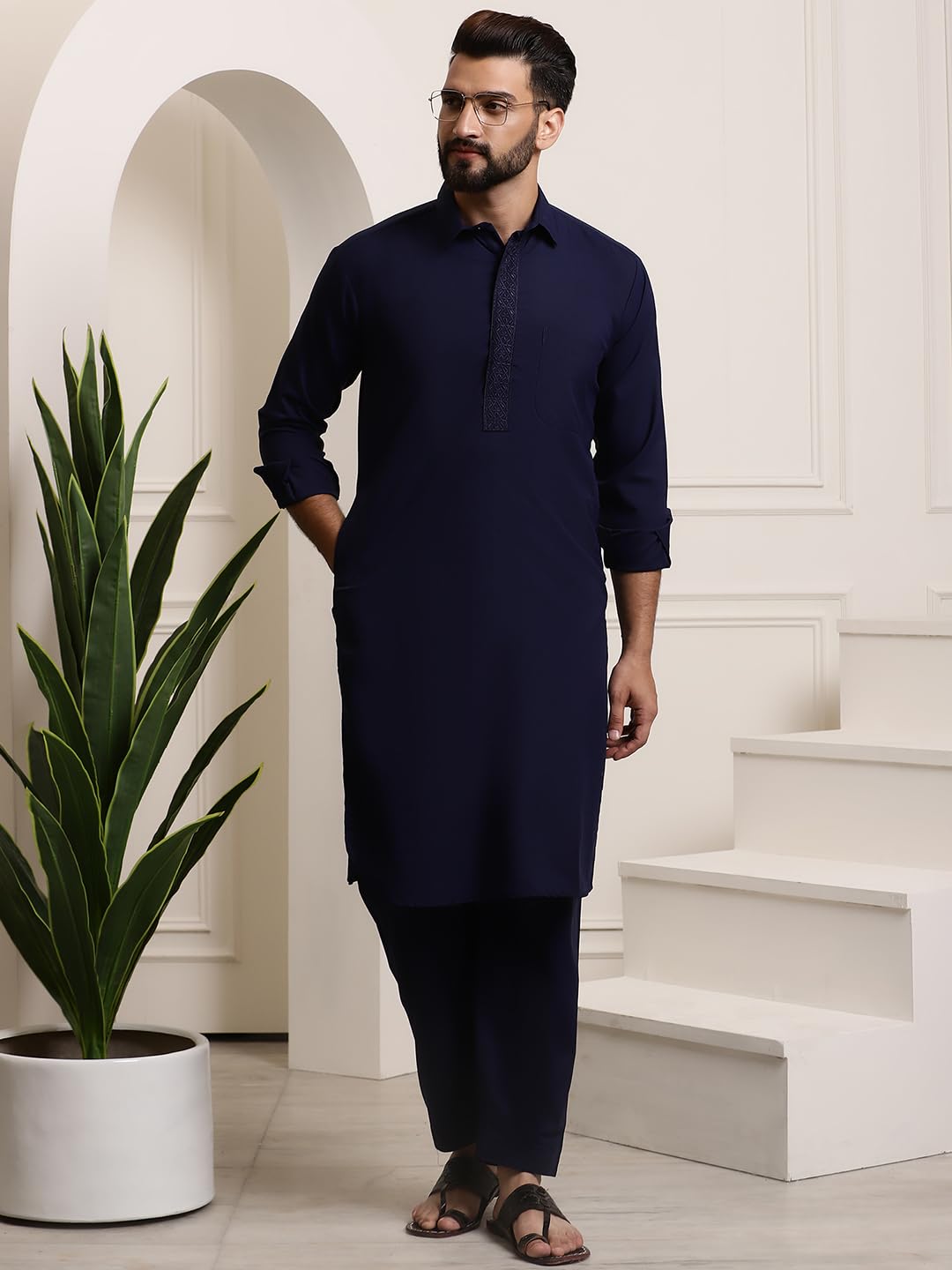 Sojanya (Since 1958 Men's Cotton Navy Blue Pathani Kurta Salwar Set