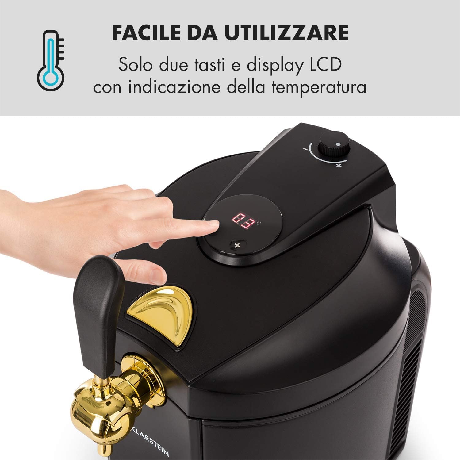 Klarstein Skal - Spillatore Birra, Spillatrice, Spillatore Birra da Casa 5 Litri, 3 x Cartuccia a Pressione CO² e Adattatore, Display LED, Silenzioso, 2-12 °C, Vassoio Gocce, Acciaio Inox, Nero