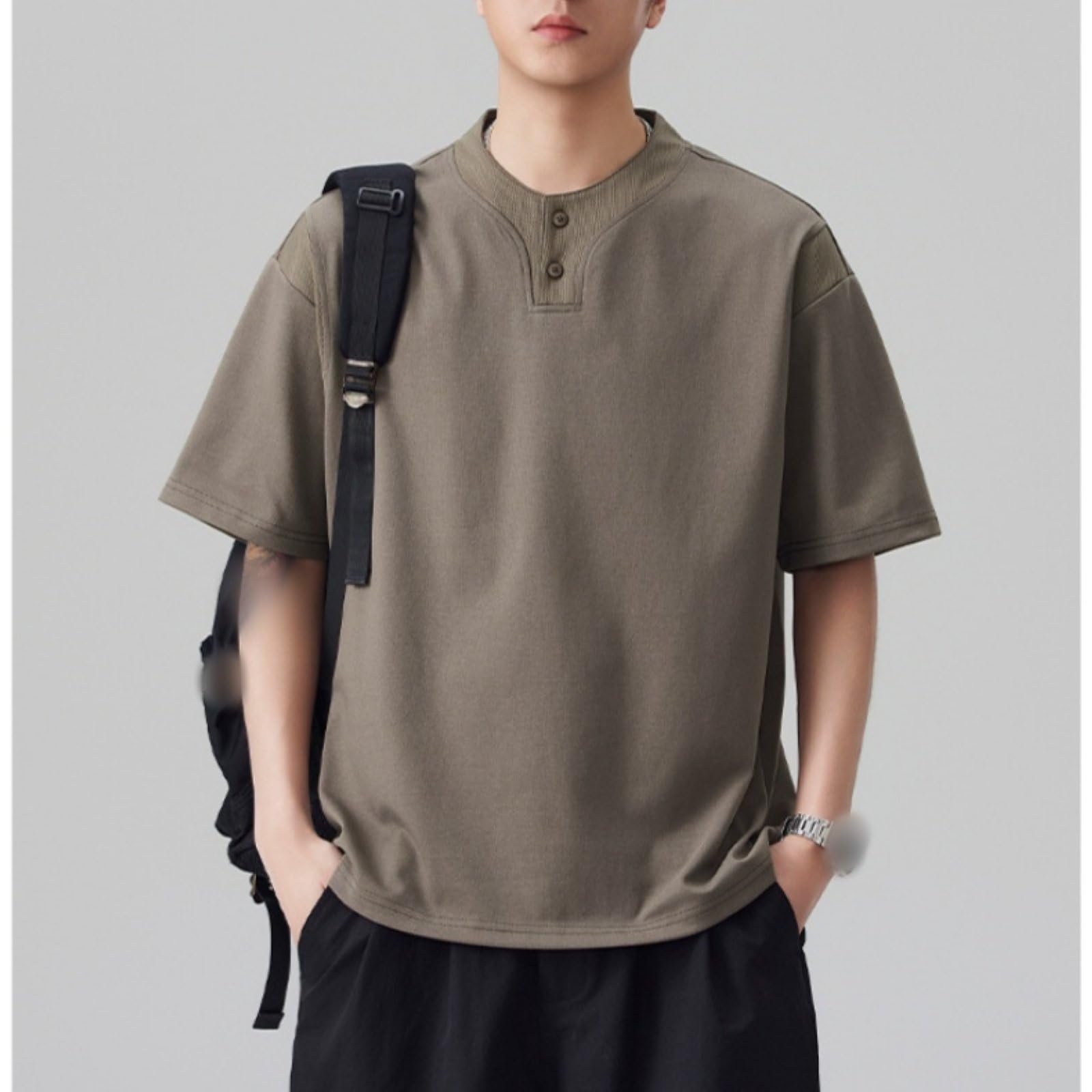 T-Shirt Henley Oversize Da Uomo, Manica Corta Testurizzata Casual Vestibilità Larga Streetwear Top Estivo