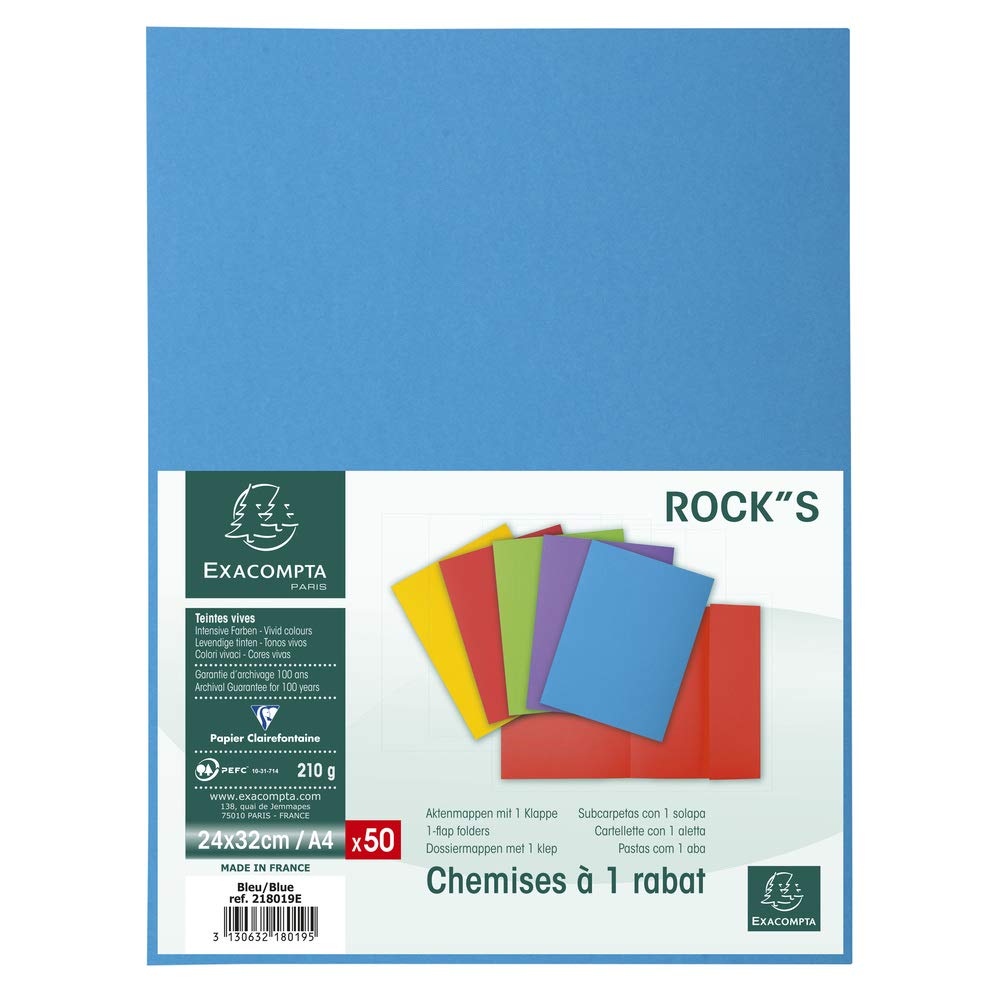 Exacompta 50 Chemises Rigides 1 rabat Rock"s Bleu