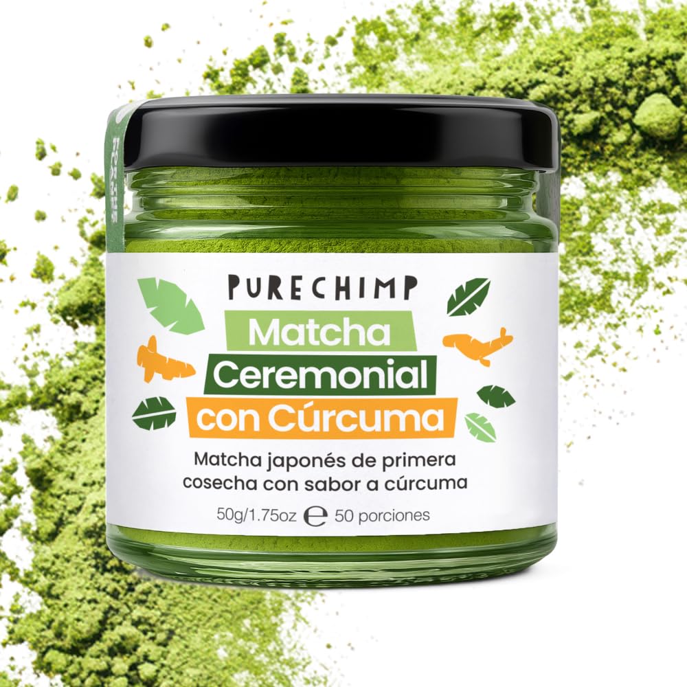 PureChimp Polvo de Matcha Ceremonial Sabor Cúrcuma 50g. 100% Té Verde Puro con Cúrcuma, Canela y Jengibre. Cultivado a la Sombra para Latte y Recetas. Tarro de Vidrio Reciclable. Rico en Antioxidantes