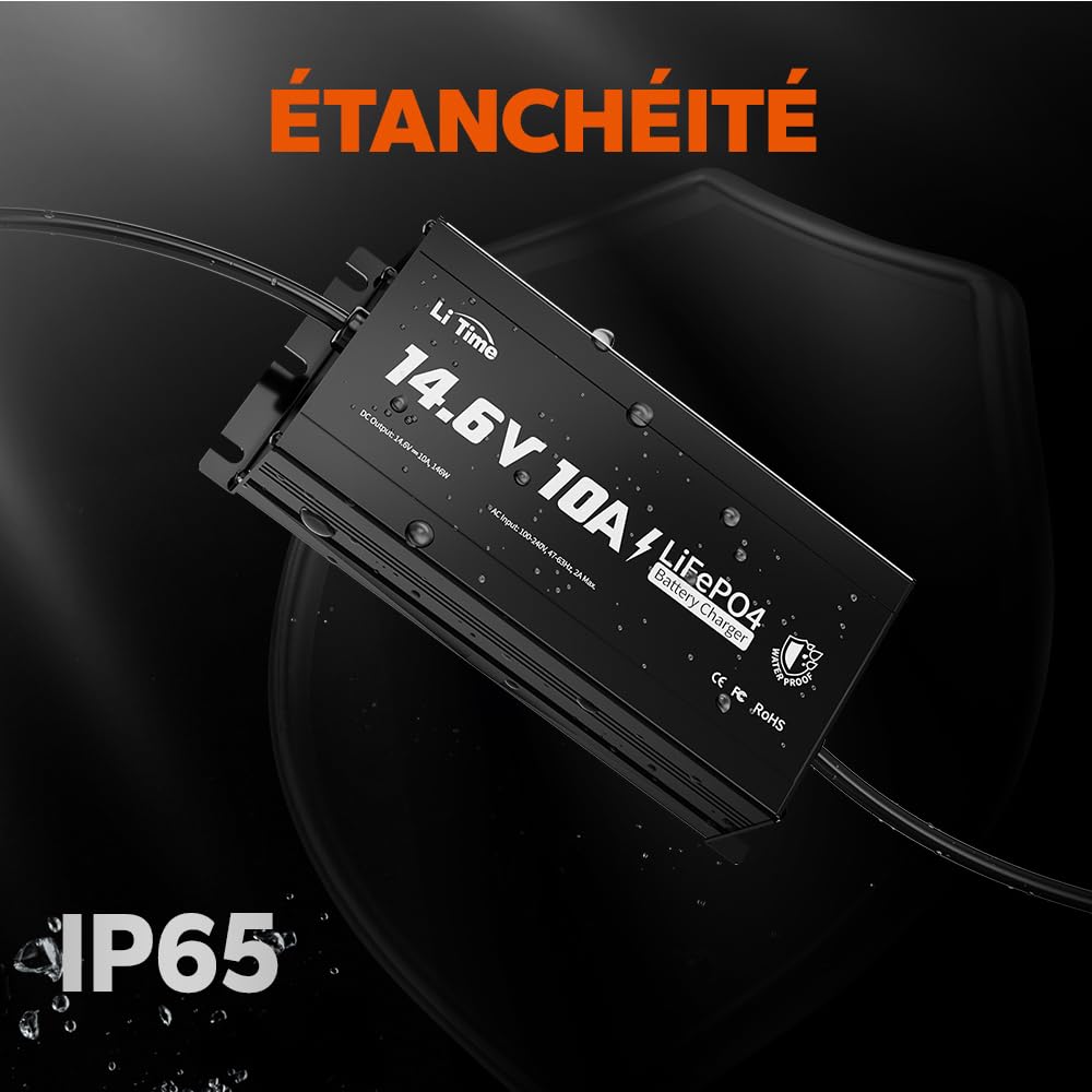 LiTime 14.6V 10A Chargeur LiFePO4 étanche IP67, Chargeur AC-DC au Lithium LiFePO4 avec Fonction de Charge Intelligente à 0V, indicateur LED