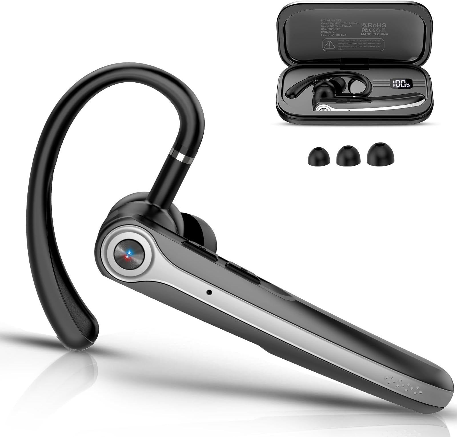 Bluetooth Headset, Wireless Bluetooth Earpiece with ENC Noise Canceling Mic, 120Hrs Talk Single-Ear Headphones, LED Display, IP7 Waterproof Hand-Free Earphone for Business/Trucker/Driver, Black