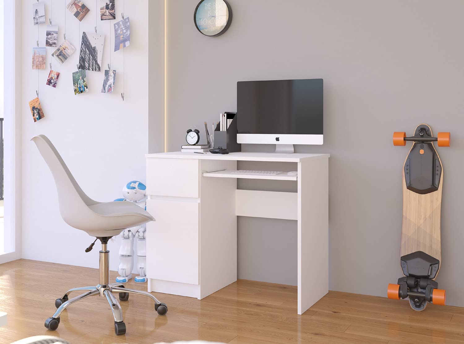 AKORD Bureau Ordinateur Piksel avec Tablette Coulissante Clavier | Simple avec Rangement | 1 Tiroir et 1 Compartiment avec Porte | Desk | Table d’Ordinateur | L90 x H77 x P50 cm | Blanche