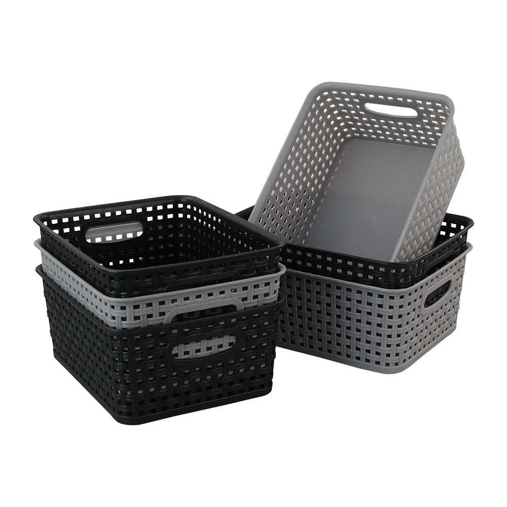 Mayish Plastic Weave Basket, Plastic Woven Cupboard Storage Baskets, Black and Grey, 6 Packs
