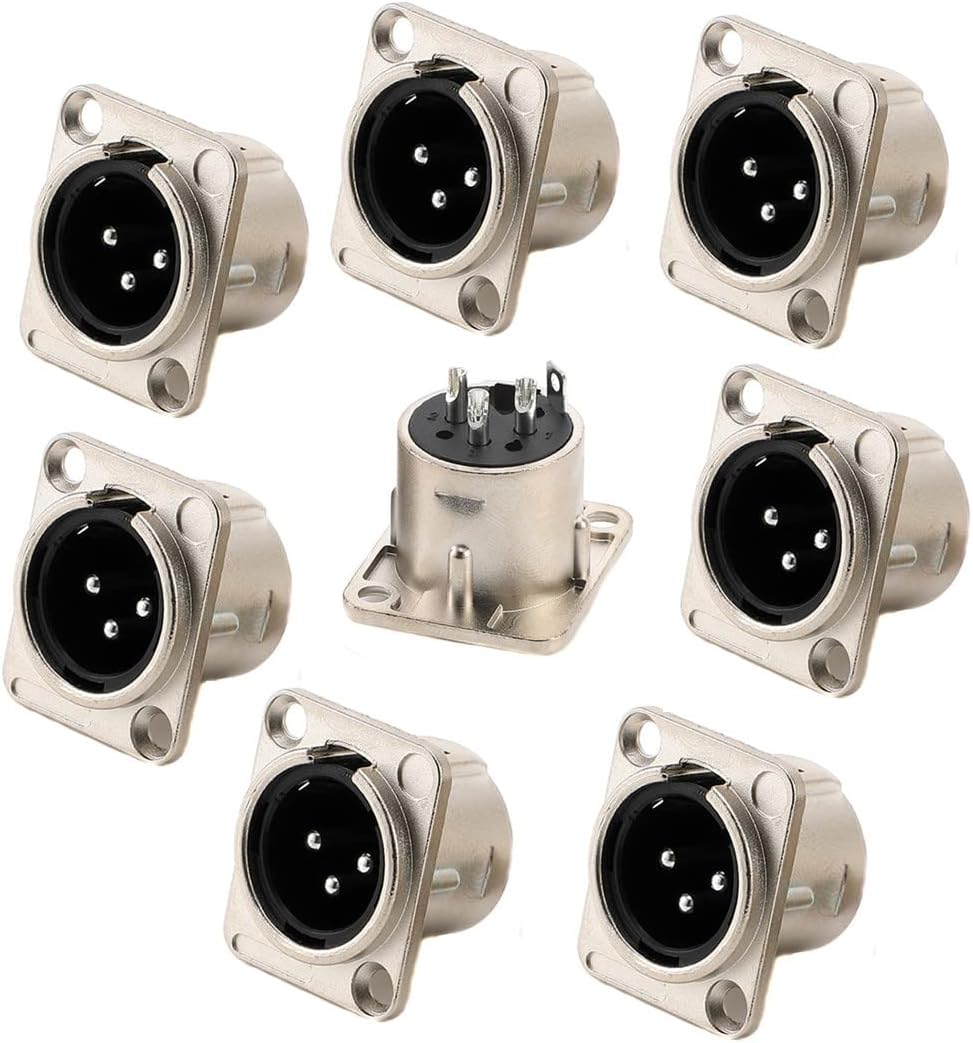 XLR Male Jack 3 Pin Panel Mount Jacks，Silver Metal Housing XLR-M Socket Audio Speaker Microphone Connector 8Pcs.