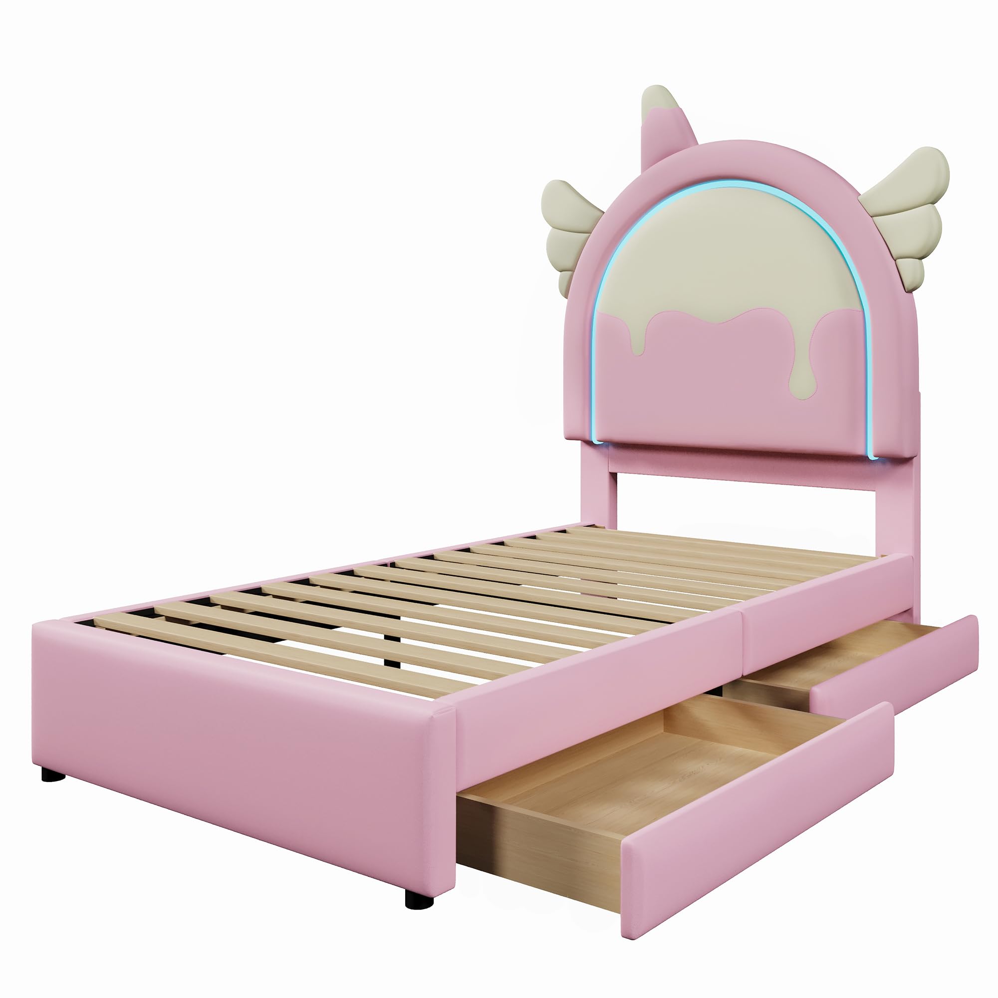 Lettino per bambini, 90 x 200 cm, con LED, struttura per letto singolo con 2 cassetti, struttura per letto singolo con rete a doghe e testiera a forma di unicorno, PU, rosa