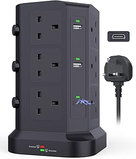 KOOSLA Dual 20W USB C Tower Extension Lead [PD 3.0/QC 3.0], 12 Way Extension Tower with 4 USB A Output [13A 3250W] Surge Protected Plug Extension for Office, Home, School, 2M Extension Cord, Black