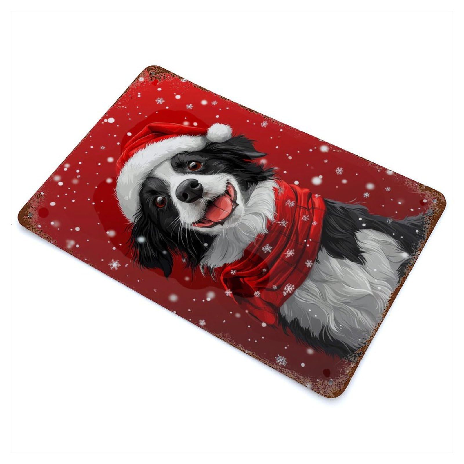Decorative Tin Sign Border Collie with Santa Hat Smiling Christmas Dog Print 11.8"x7.9", Decorative Metal Wall Art for Garage, Bar And Workshop Decor