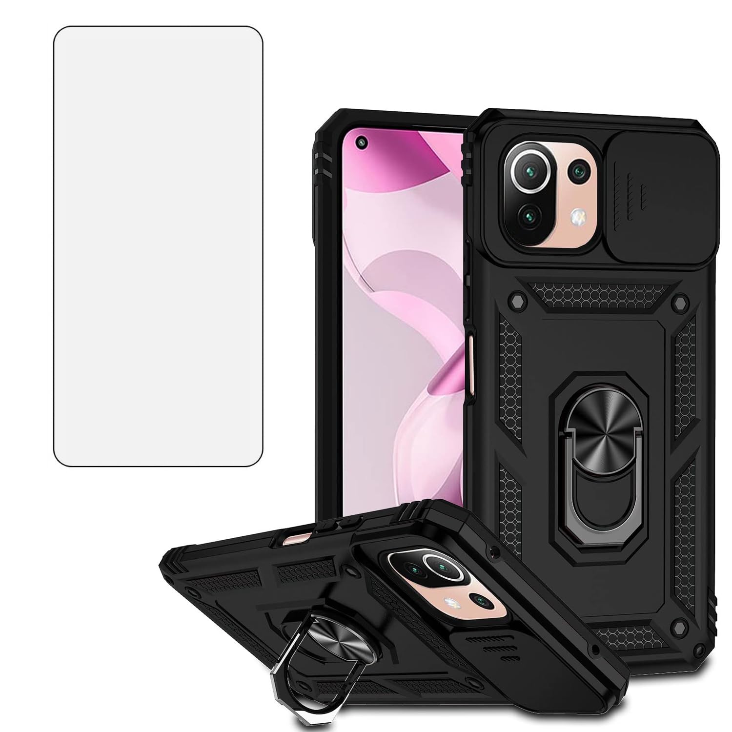 Asuwish Phone Case for Xiaomi Mi 11 Lite 4G/5G with Slide Camera Cover Tempered Glass Screen Protector Ring Holder Stand Rugged Slim Cell Protective Mi11Lite Mi11 11Lite G5 Women Men Black