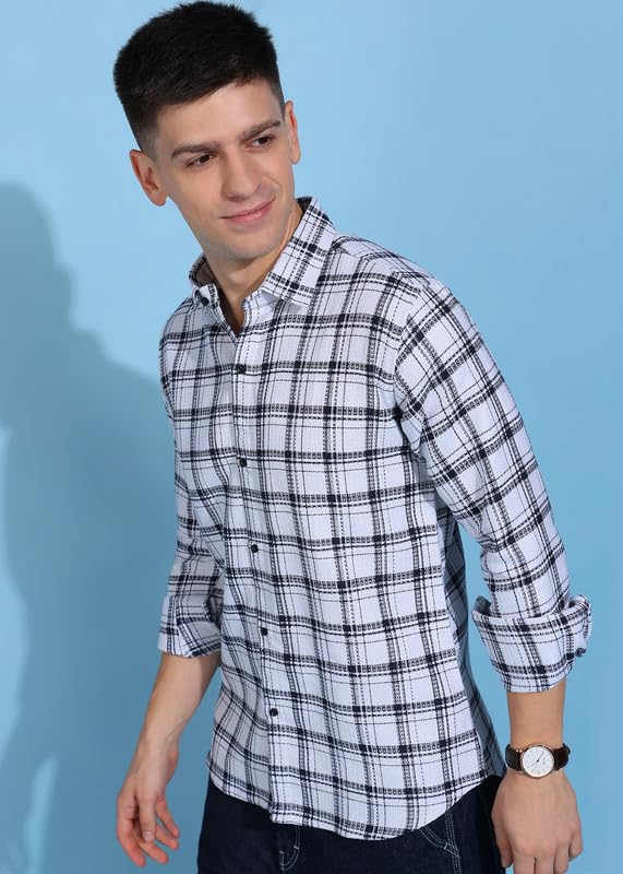 Image of MiraMichi Men's Pure Cotton Blue Checkered Full Sleeve Shirt - Regular Fit, Casual Wear, Comfortable and Stylish Design