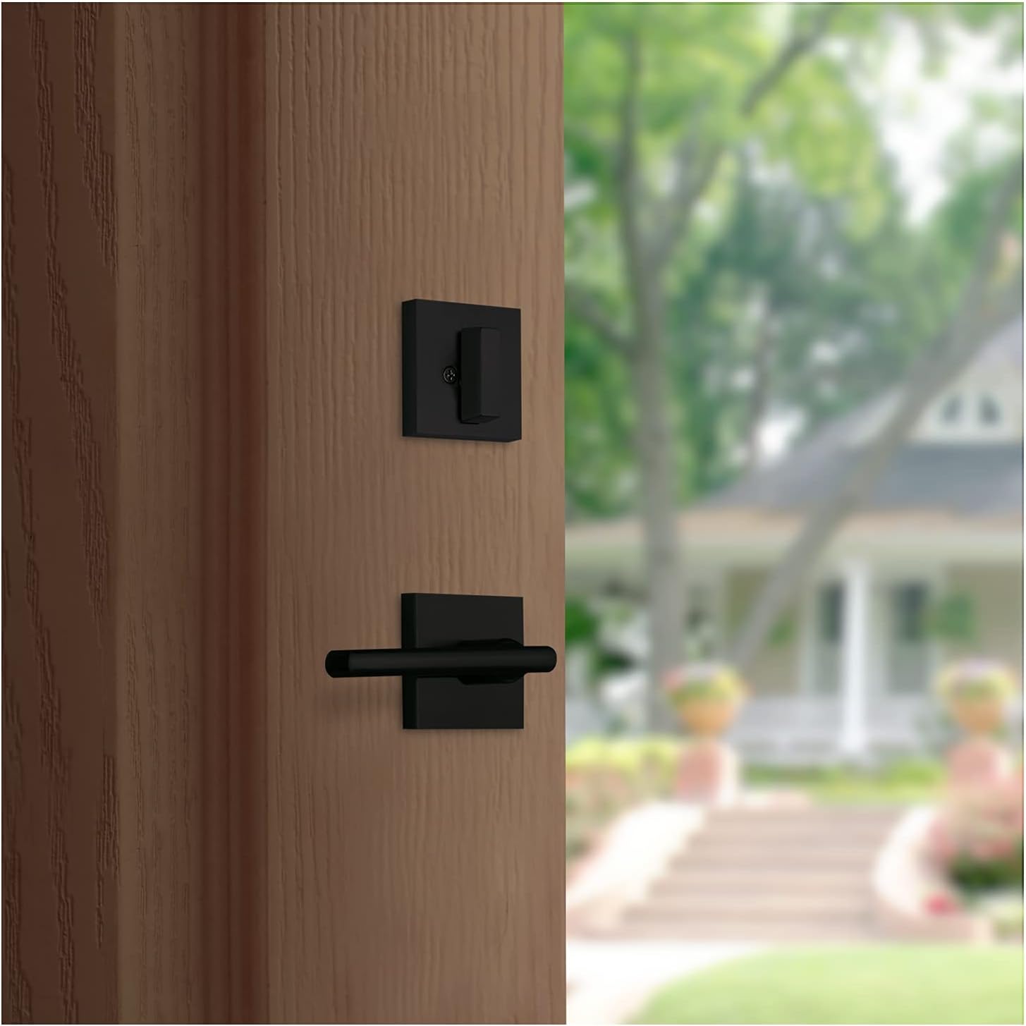 Nuk3y Haven Modern Handleset Front Door Entry Handle and Deadbolt with Reversible Inside Lever Trim (Square Hulk Lever Trim, Matte Black)