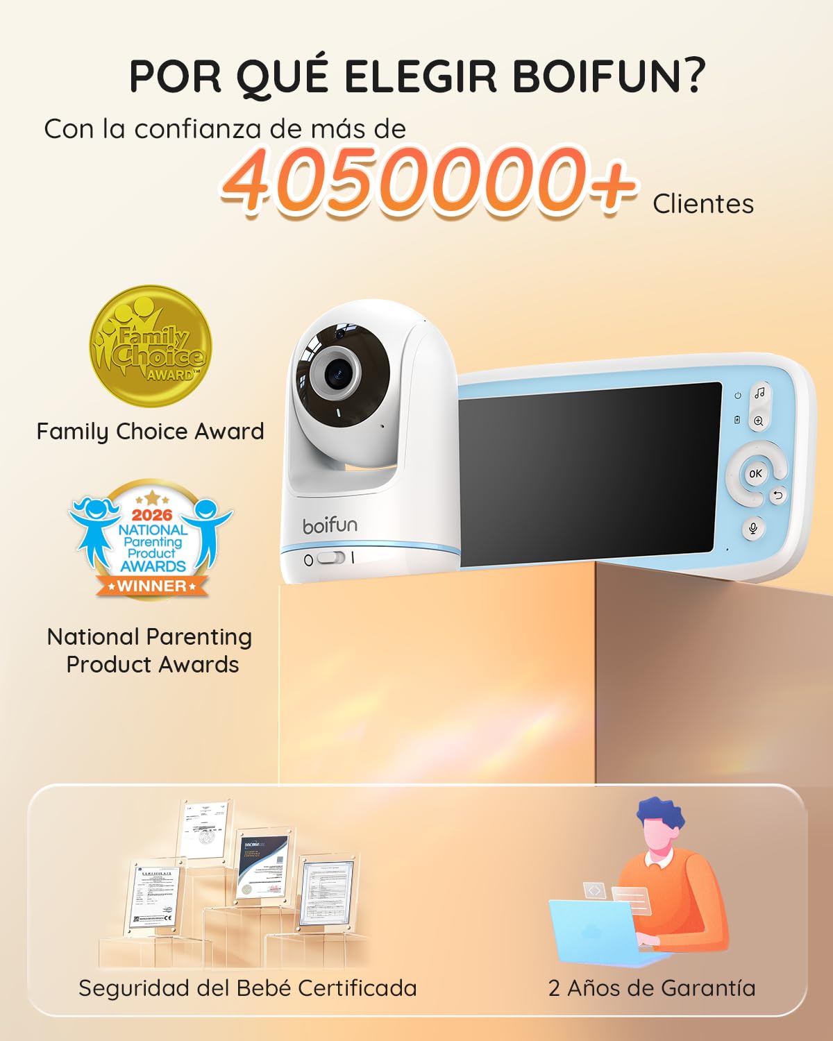 BOIFUN 5" Camara Vigilancia Bebe, sin WiFi, Rotación de 360°, Visión Nocturna Infrarroja Invisible, VOX Activación por Sonido, Comunicación bidireccional, Temperatura, Protección de la Privacidad