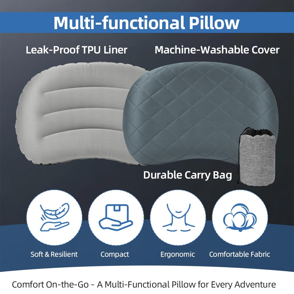 Beugo Almohada Inflable para Viaje/Acampar, Almohada Hinchable Playa portátil TPU, Almohadas de Viaje Comprimible con Funda extraíble y Bolsa, ergonómica, para Oficina, Picnic, Playa, Viajes, Gris