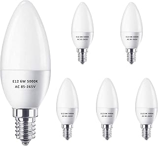 E12 LED Candelabra Light Bulbs 6W Equivalent to 60W Halogen Bulbs, Ceiling Fan Light Bulbs Daylight White 5000K, Small Base LED Chandelier Candle Light Bulbs, Flicker Free, Not Dimmable, 600LM, 6 Pack