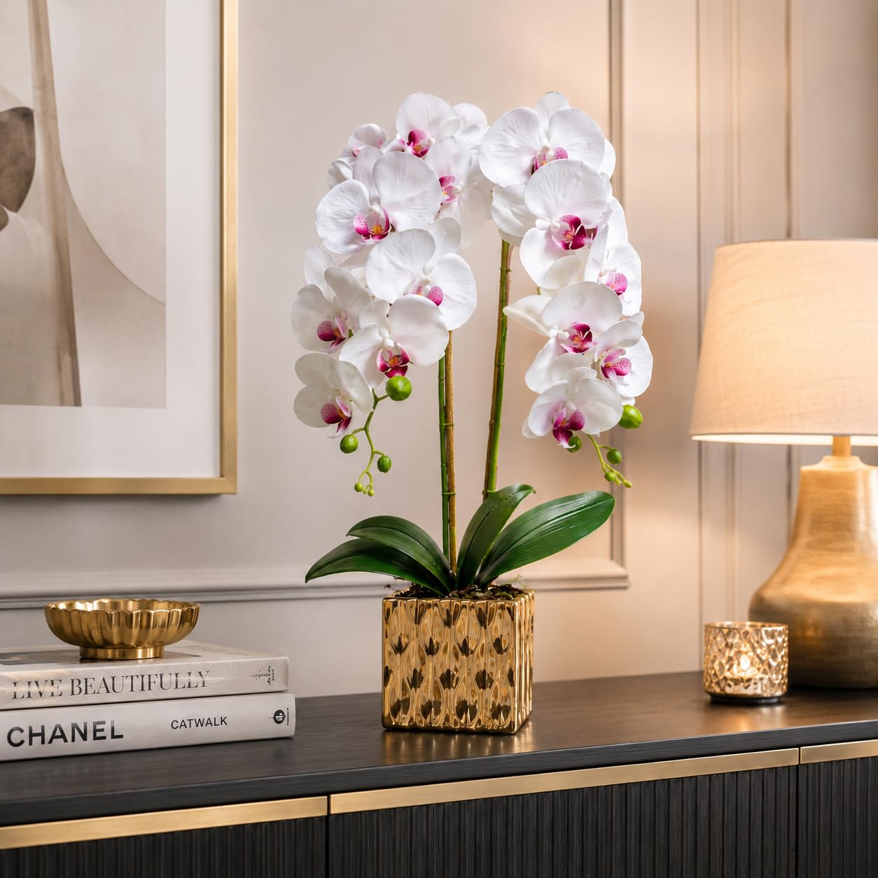PASCH® Orchidées artificielles - Fleurs artificielles en pot - Fleurs artificielles semblables à de vraies - Orchidées artificielles en pot - Fleurs artificielles en pot (blanc/doré (65 cm)