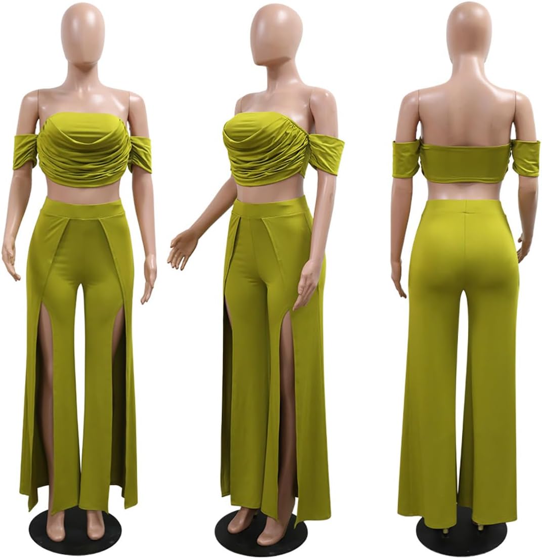 WOKANSE Women's Elegant 2 Piece Outfits Summer Off Shoulder Tube Crop Top and High Waist Split Wide Leg Pants Sets - Image 3
