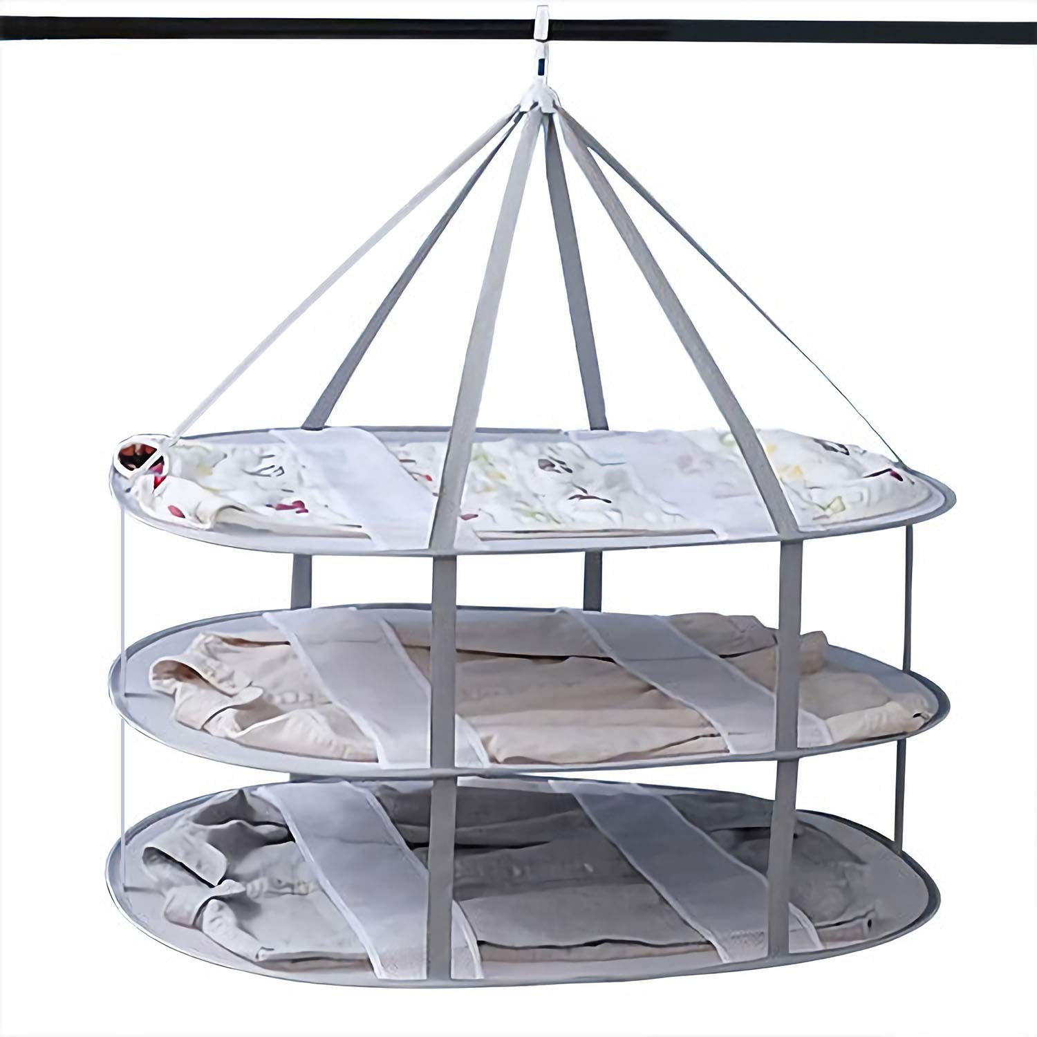 DELIWAY Large Size Sweater Hanging Dryer, 3 Tier Drying Rack Folding Mesh Clothes Basket Nets Hanger, Perfect Drying Surface Lay Flat to Dry (Gray)
