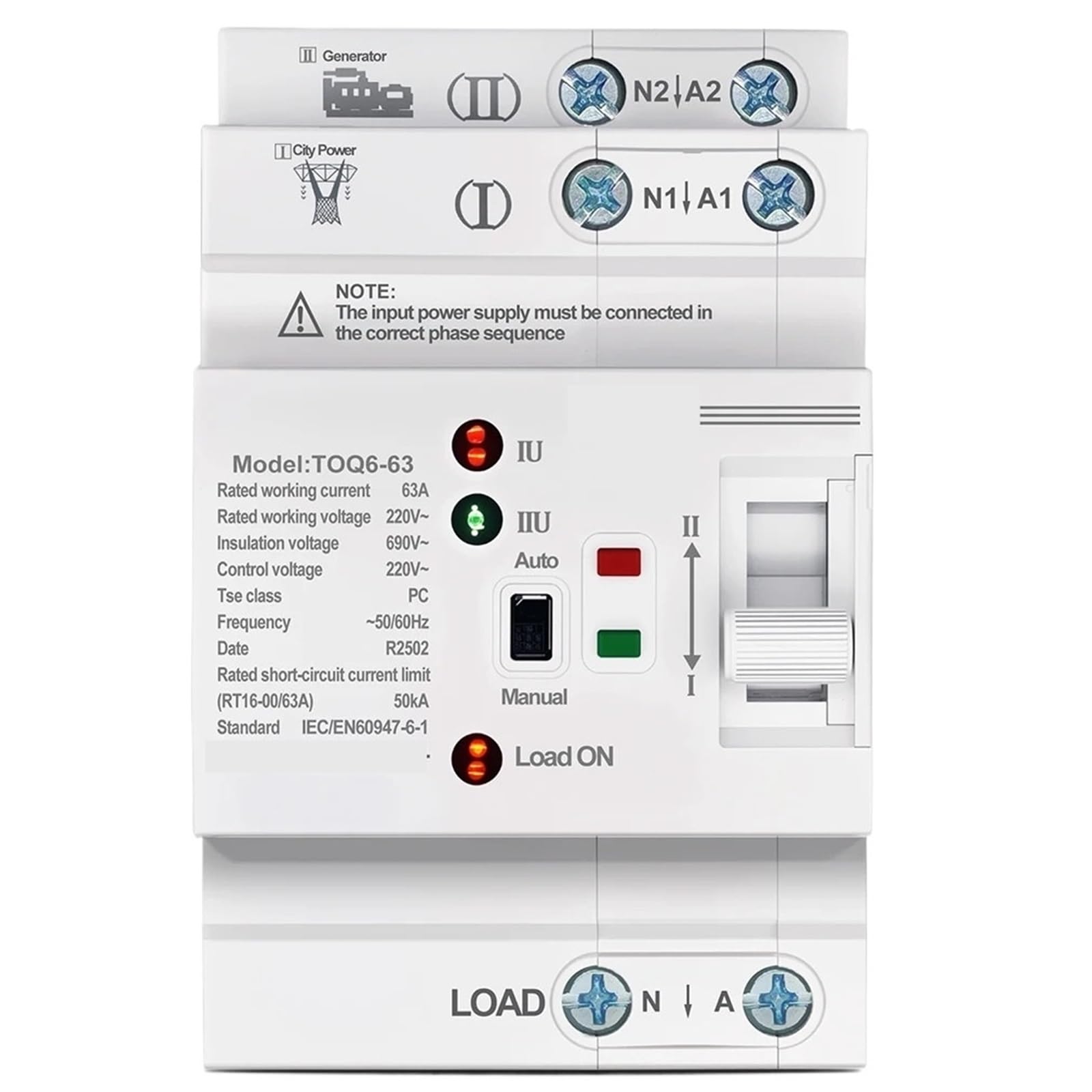 Interruptores selectores eléctricos de transferencia automática de doble potencia, pequeños, 220V, ininterrumpido, 2P, 63A, TOQ6