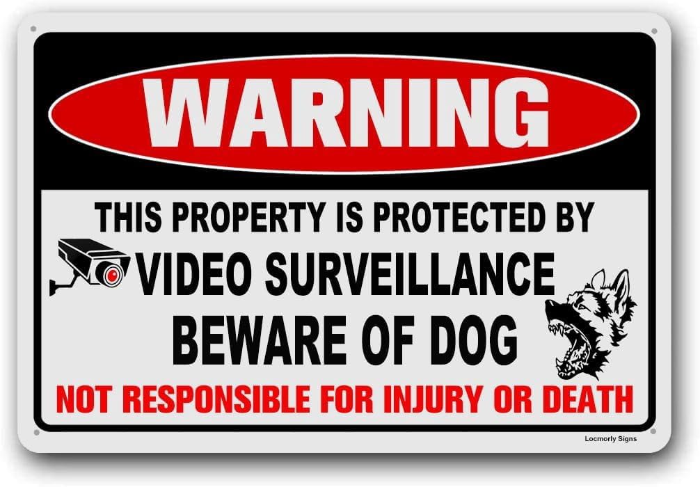 (2-Pack) Warning Metal Tin Sign Beware of Dog Sign, Video Surveillance Sign, 8x12 Inch, No Trespassing Sign