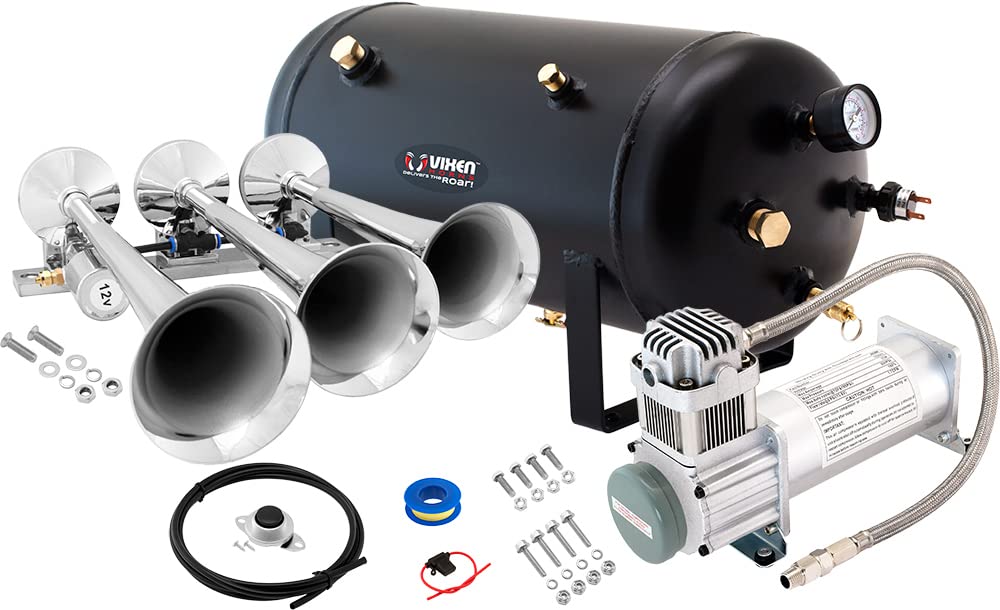 Vixen Horns Train Horn Kit for Trucks/Car/Semi. Complete Onboard System- 200psi Air Compressor, 5 Gallon Tank, 3 Trumpets. Super Loud dB. Fits Vehicles like Pickup/Jeep/RV/SUV 12v VXO8350/3118C