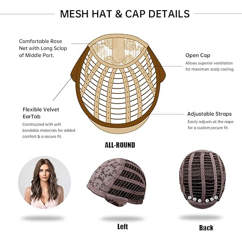 Miniatura 7 de KOME Peluca larga ondulada marrón para mujer, peluca ondulada con reflejos en la parte media, longitud al hombro, peluca de fibra sintética