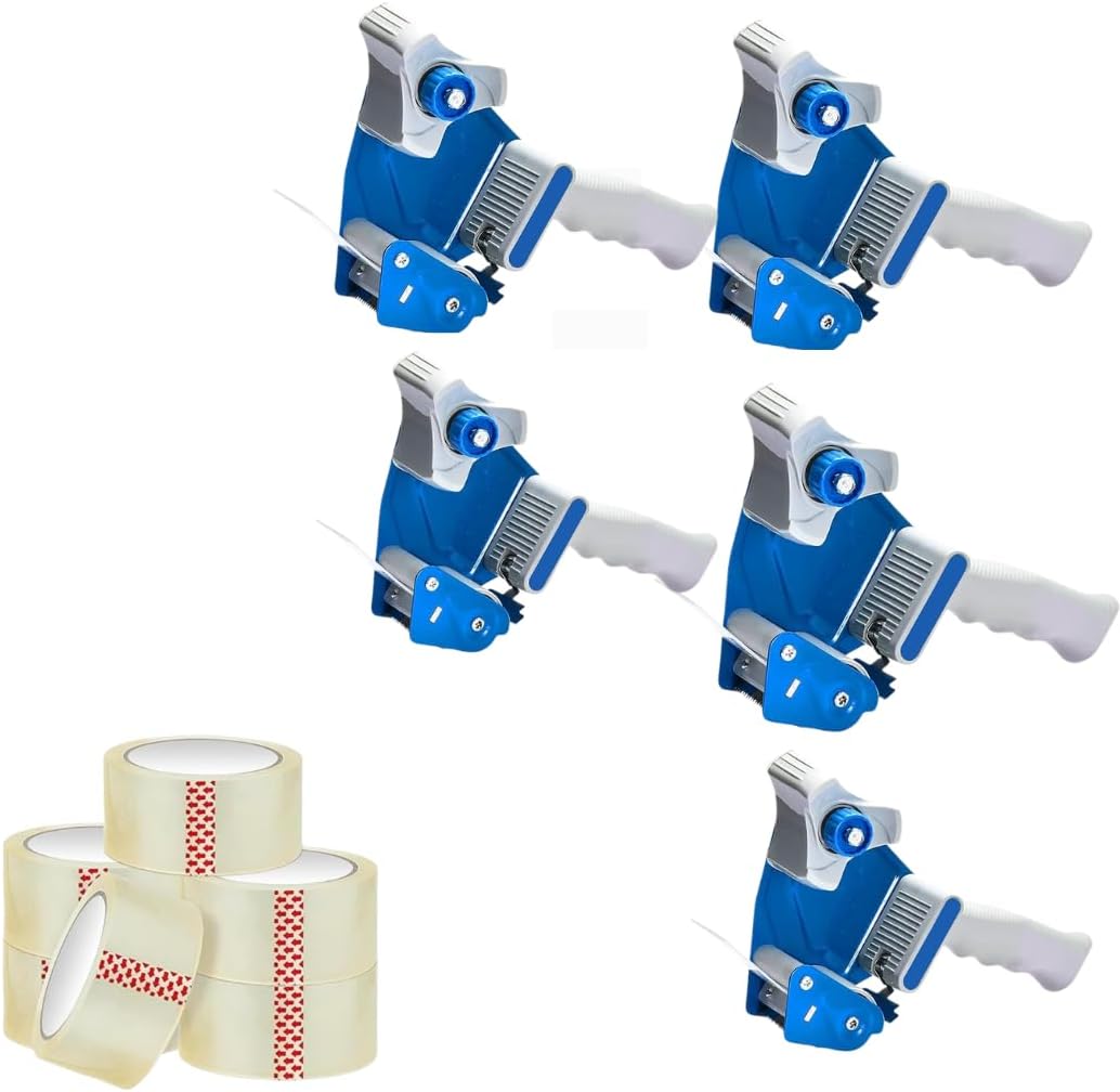 5 Tape Gun Dispensers + 48 Clear Packing Tape Rolls 48mm x 66m – Heavy Duty Parcel Tape Set with Cutter for Moving, Shipping, Storage & Office Box Sealing