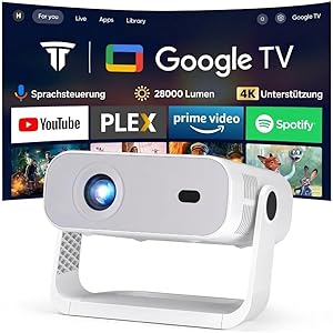 [Wielio 2026 Upgrade Google TV Beamer] Natives 1080P, 4K-Unterstützung, 25000 Lumens,elektrischer Fokus & Trapezkorrektur, WiFi & BT Heimkino Beamer, Mini Projektor mit 360° drehbarem Ständer
