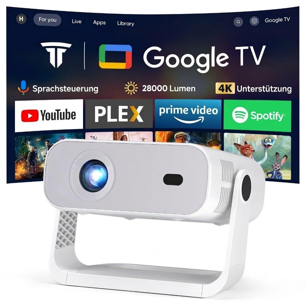 [Wielio 2026 Upgrade Google TV Beamer] Natives 1080P, 4K-Unterstützung, 25000 Lumens,elektrischer Fokus & Trapezkorrektur, WiFi & BT Heimkino Beamer, Mini Projektor mit 360° drehbarem Ständer