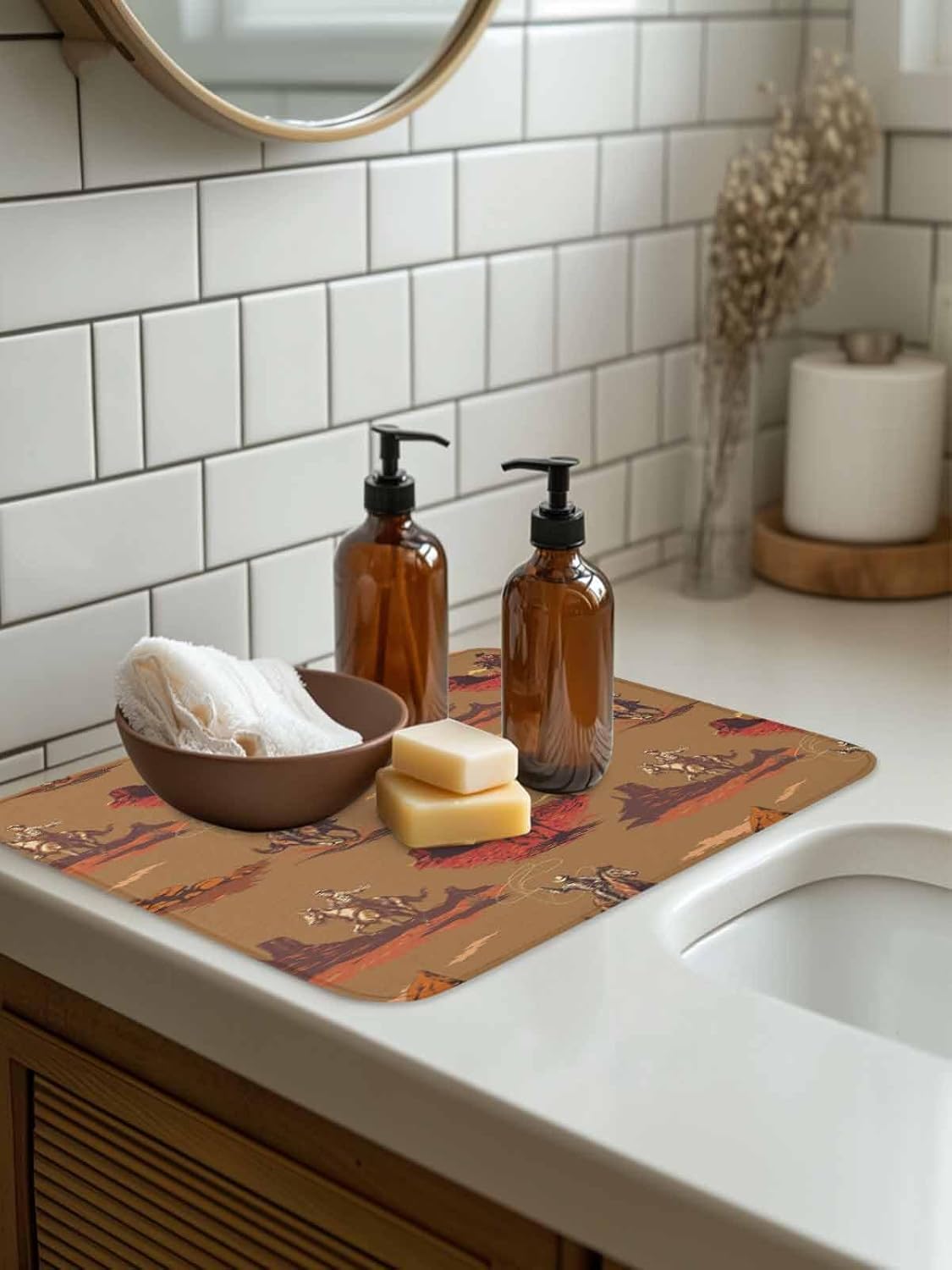 Brown Western Cowboys Dish Drying Mat for Kitchen Counter, Microfiber Dishes Drainer Mat Rack Pad, Vintage Farmhouse Desert Horse Absorbent Dish Bottle Drying Mats, 18"x24", 2 Pack
