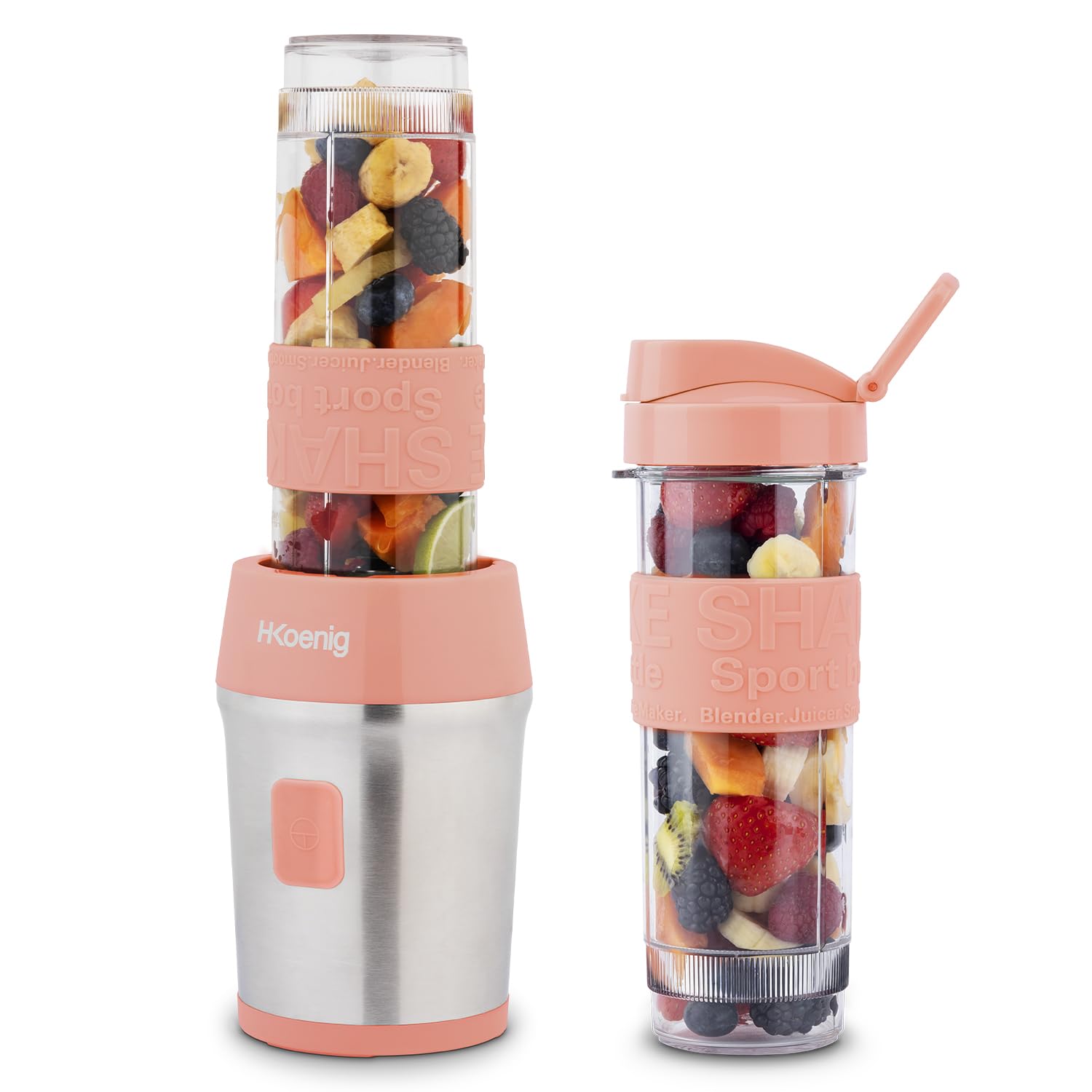 H.​Koenig Mini Blender/​Smoothie/​Mixeur SMOO10 – 570mL, 300W, 4 Lames Inox, Sans BPA, 2 Bouteilles portables avec couvercles de voyage, Pêche Pastel