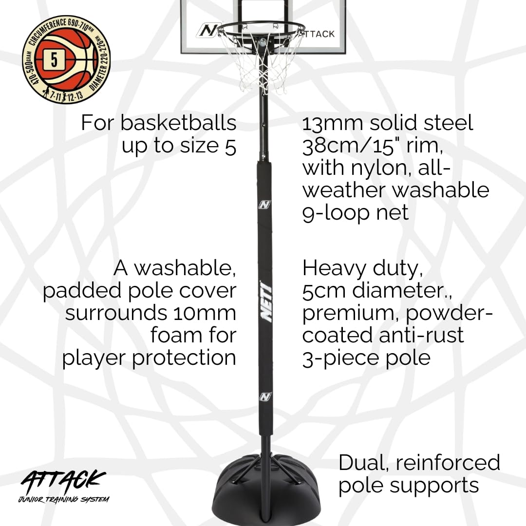 Tablero de Baloncesto y Sistema de Red para niños | Aro de Acero sólido Ultra Duradero de 15 Pulgadas | Montado en la Pared o portátil de Altura Ajustable | Poste Acolchado