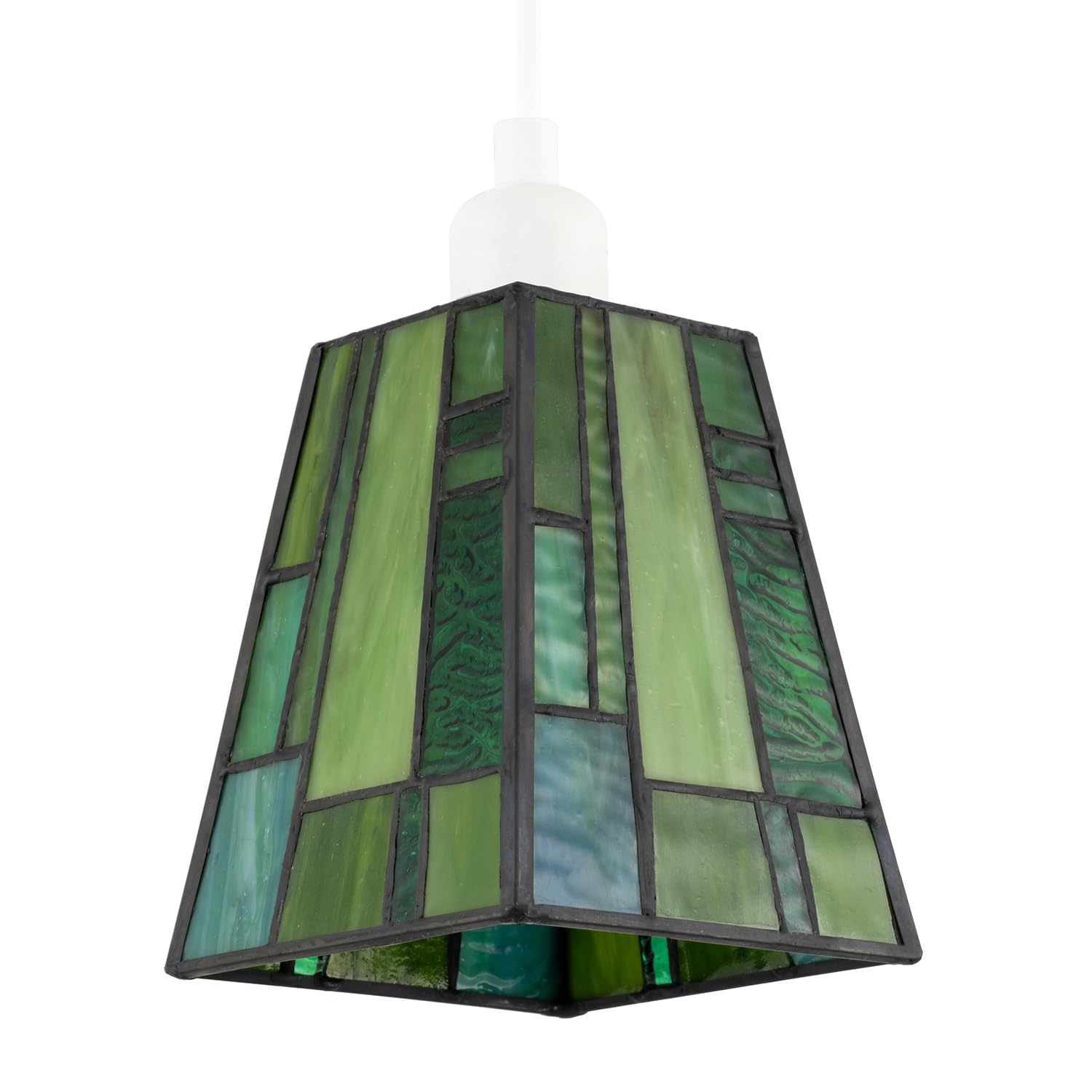 Rectangular Art Deco Styled Tiffany Stained Glass Pendant Light Shade with Emerald and Green Toned Panels | 13cm x 10cm | 40w Maximum by Happy Homewares