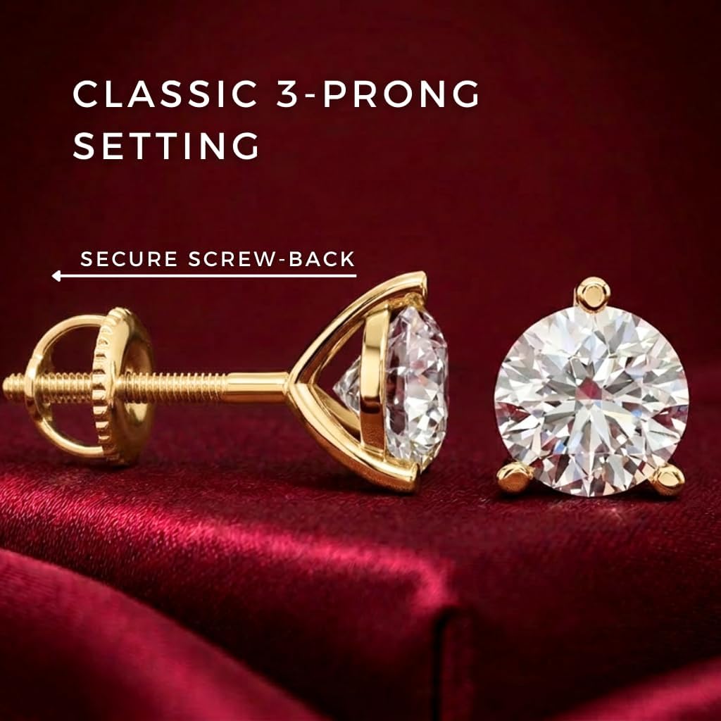 0.2 to 2 Ctw Natural Round Diamond Stud Earrings for Women Men | 14K White Gold-Yellow Gold | I-J Color SI1-I2 Clarity | 3-Prong Screw-Back Classic Solitaire Studs | Bridal Fine Jewelry Gift for Her