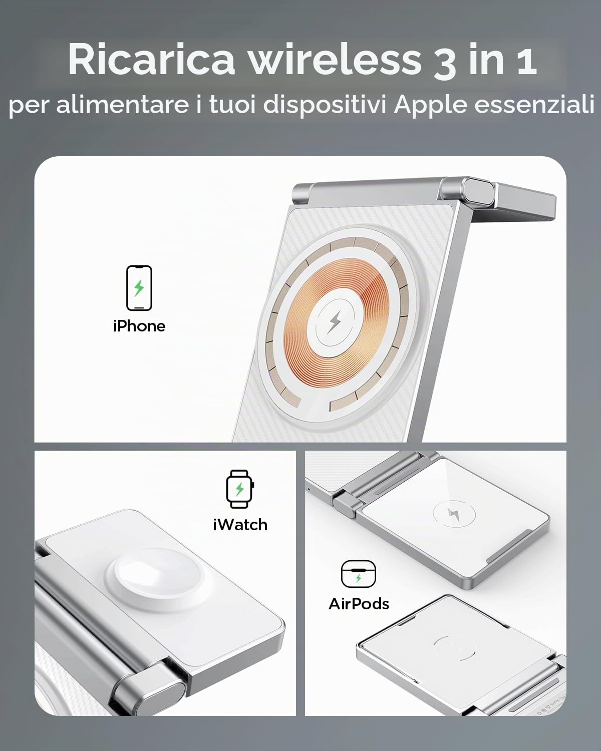 Caricatore wireless 3 in 1 pieghevole in lega di zinco[Compatibile con il caricatore Magsafe],Stazione di ricarica magnetica per iPhone serie 15/14/13/12,per AirPods,iWatch-Bianca