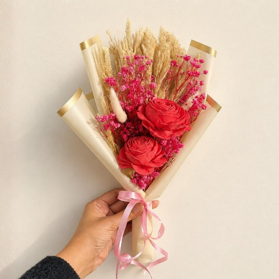 Pink Dried Flower Bouquet | Preserved Sola Wood Roses with Pink Baby's Breath & Pampas Grass | Handmade Floral Gift & Home Decor-image-21