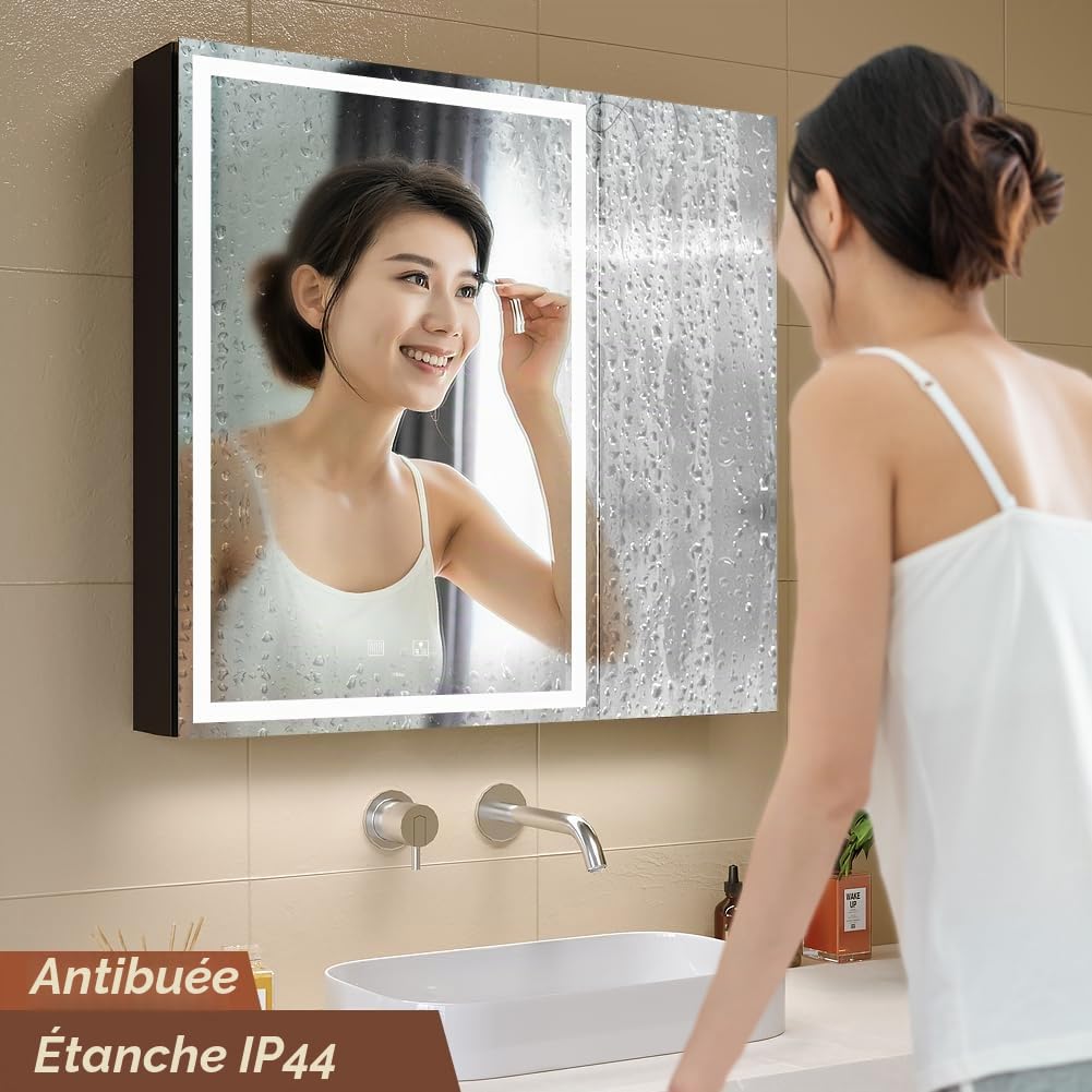 KWW LED éclairage Salle de Bains Armoire à Pharmacie avec Miroir, Température de Couleur réGlable, Anti - Buée, Prise et USB, Armoire à Pharmacie (Luminescence intérieure-2 portes-75×70)