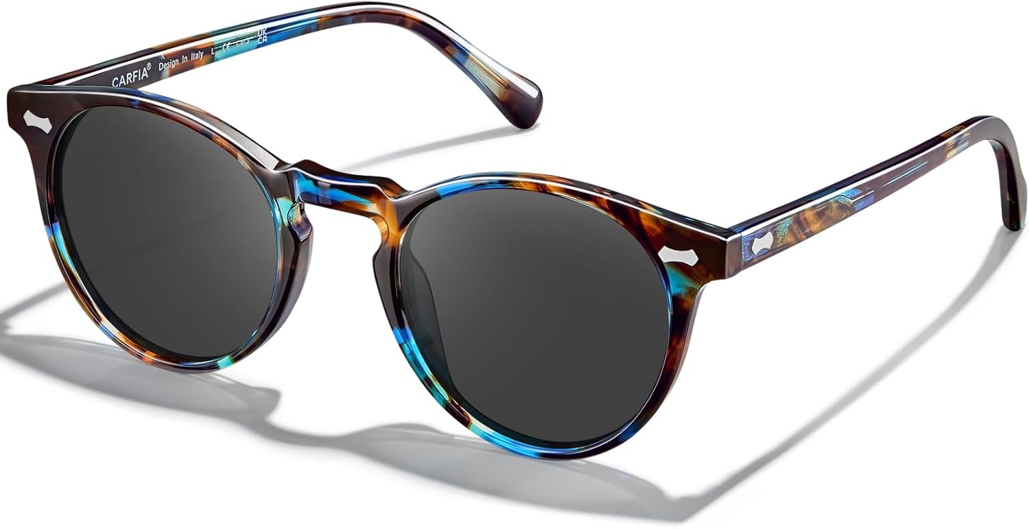 CARFIA Retro Polarized Sunglasses for Women UV Protection Acetate Classic Vintage Style Round Shades