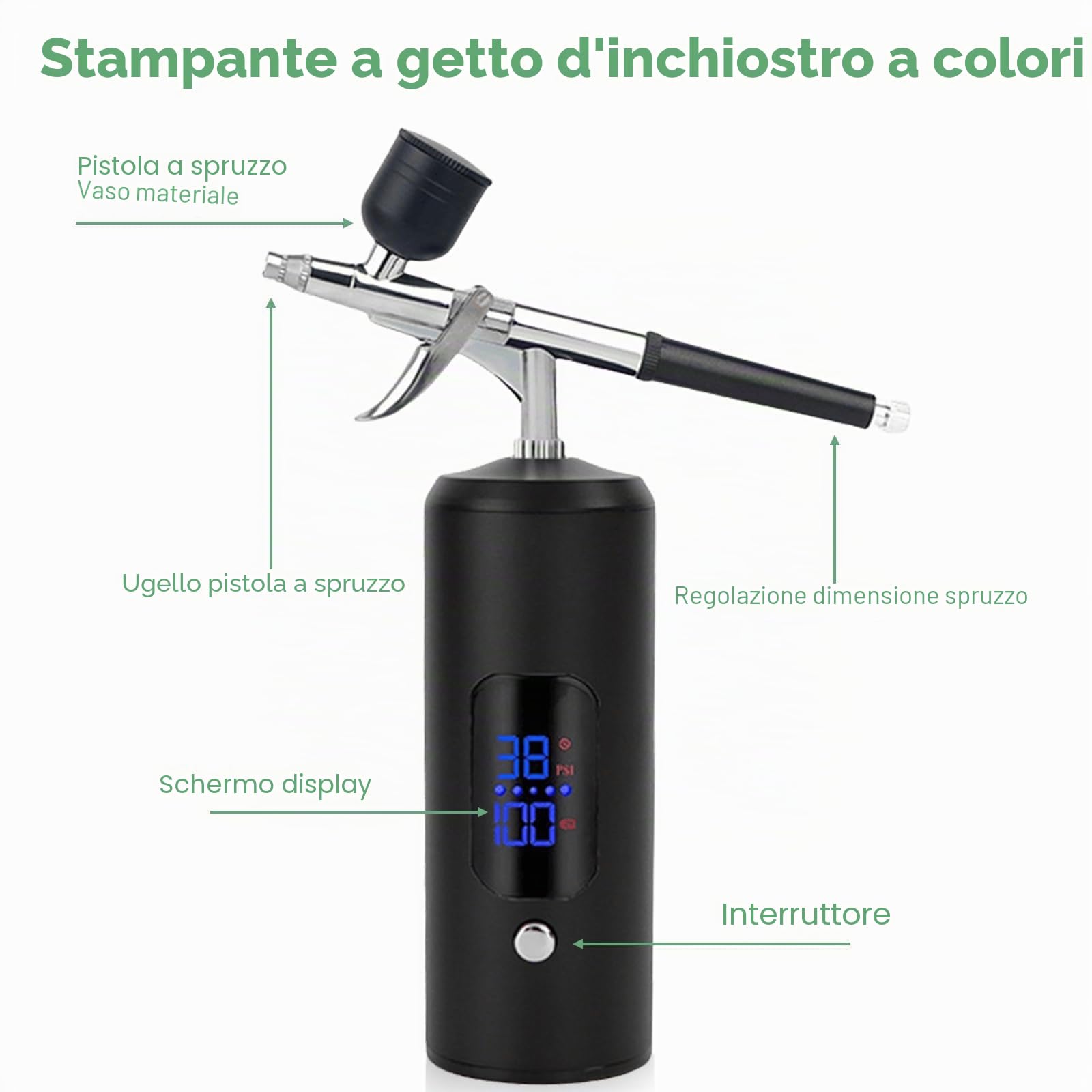 Set aerografo con compressore, 38 psi, senza fili, pistola aerografo portatile, kit aerografo ricaricabile, per nail art, decorazione di torte, trucco, tatuaggi (nero)
