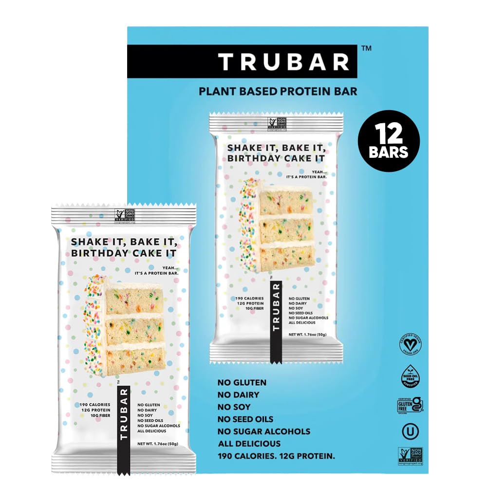 TRUBAR Vegan Protein Bar, Shake it Bake it Birthday Cake it, Gluten Free, Plant Based Protein, Dairy Free, Non GMO, Soy Free, No Sugar Alcohols, 12G